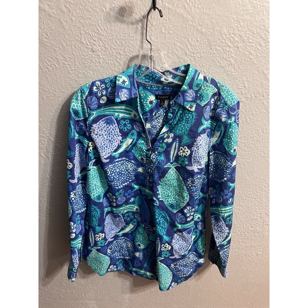 Talbots Women Size Small blue Fish Print Button Blouse Long Sleeve